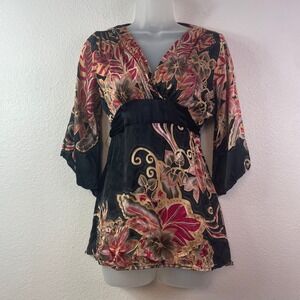 Silk Blend Burnout Tunic Top Black Red Gold Floral Empire Waist Small